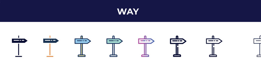 way icon in 8 styles. line, filled, glyph, thin outline, colorful, stroke and gradient styles, way vector sign. symbol, logo illustration. different style icons set.