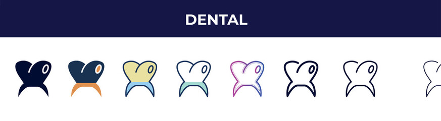 dental icon in 8 styles. line, filled, glyph, thin outline, colorful, stroke and gradient styles, dental vector sign. symbol, logo illustration. different style icons set.