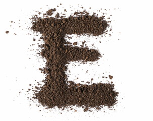 Dirt, alphabet letter E, soil isolated on white, clipping path