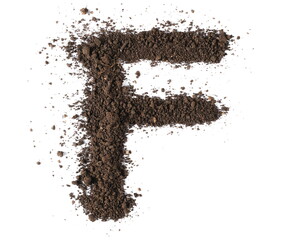 Dirt, alphabet letter F, soil isolated on white, clipping path