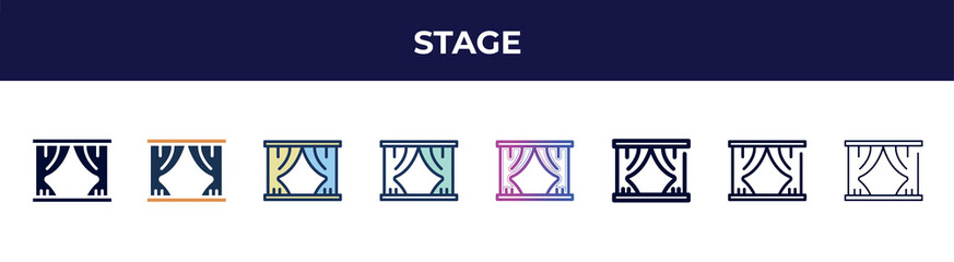 stage icon in 8 styles. line, filled, glyph, thin outline, colorful, stroke and gradient styles, stage vector sign. symbol, logo illustration. different style icons set.