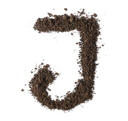 Dirt, alphabet letter J, soil isolated on white, clipping path