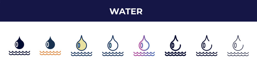 water icon in 8 styles. line, filled, glyph, thin outline, colorful, stroke and gradient styles, water vector sign. symbol, logo illustration. different style icons set.