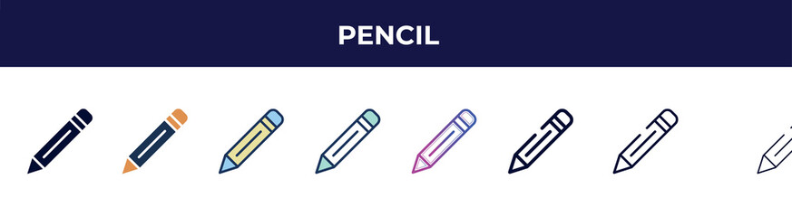 pencil icon in 8 styles. line, filled, glyph, thin outline, colorful, stroke and gradient styles, pencil vector sign. symbol, logo illustration. different style icons set.