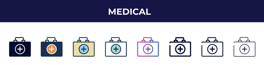 medical icon in 8 styles. line, filled, glyph, thin outline, colorful, stroke and gradient styles, medical vector sign. symbol, logo illustration. different style icons set.