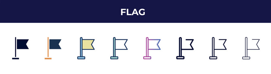 flag icon in 8 styles. line, filled, glyph, thin outline, colorful, stroke and gradient styles, flag vector sign. symbol, logo illustration. different style icons set.