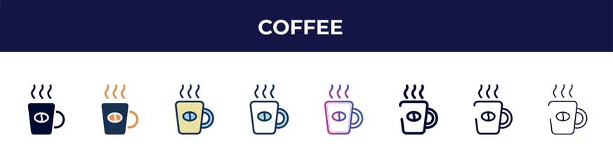 coffee icon in 8 styles. line, filled, glyph, thin outline, colorful, stroke and gradient styles, coffee vector sign. symbol, logo illustration. different style icons set.