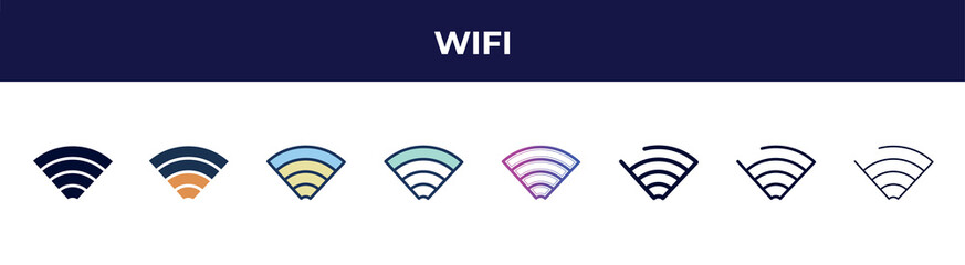 wifi icon in 8 styles. line, filled, glyph, thin outline, colorful, stroke and gradient styles, wifi vector sign. symbol, logo illustration. different style icons set.
