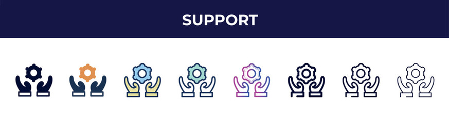 support icon in 8 styles. line, filled, glyph, thin outline, colorful, stroke and gradient styles, support vector sign. symbol, logo illustration. different style icons set.