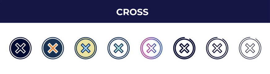 cross icon in 8 styles. line, filled, glyph, thin outline, colorful, stroke and gradient styles, cross vector sign. symbol, logo illustration. different style icons set.