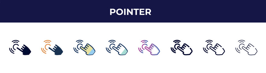 pointer icon in 8 styles. line, filled, glyph, thin outline, colorful, stroke and gradient styles, pointer vector sign. symbol, logo illustration. different style icons set.