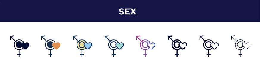 sex icon in 8 styles. line, filled, glyph, thin outline, colorful, stroke and gradient styles, sex vector sign. symbol, logo illustration. different style icons set.