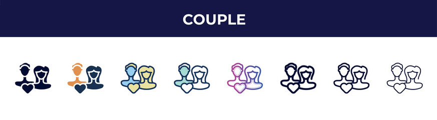 couple icon in 8 styles. line, filled, glyph, thin outline, colorful, stroke and gradient styles, couple vector sign. symbol, logo illustration. different style icons set.