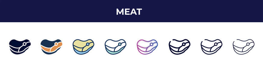 meat icon in 8 styles. line, filled, glyph, thin outline, colorful, stroke and gradient styles, meat vector sign. symbol, logo illustration. different style icons set.