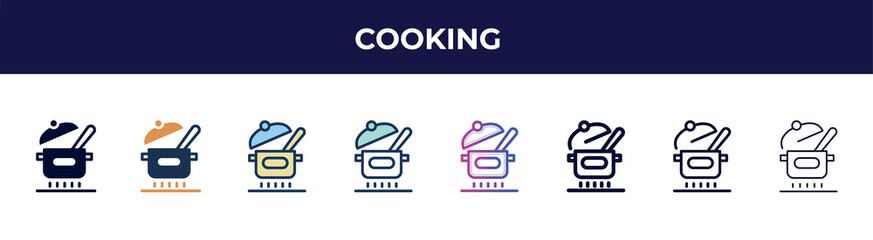 cooking icon in 8 styles. line, filled, glyph, thin outline, colorful, stroke and gradient styles, cooking vector sign. symbol, logo illustration. different style icons set.