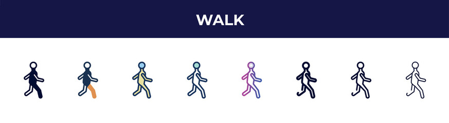 walk icon in 8 styles. line, filled, glyph, thin outline, colorful, stroke and gradient styles, walk vector sign. symbol, logo illustration. different style icons set.