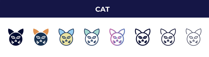cat icon in 8 styles. line, filled, glyph, thin outline, colorful, stroke and gradient styles, cat vector sign. symbol, logo illustration. different style icons set.