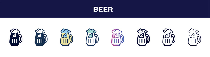 beer icon in 8 styles. line, filled, glyph, thin outline, colorful, stroke and gradient styles, beer vector sign. symbol, logo illustration. different style icons set.