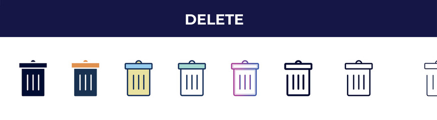 delete icon in 8 styles. line, filled, glyph, thin outline, colorful, stroke and gradient styles, delete vector sign. symbol, logo illustration. different style icons set.