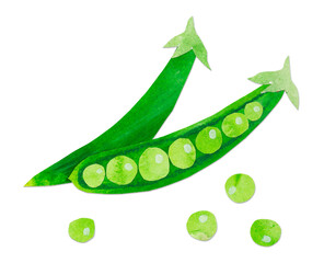 Hand-drawn watercolor papercut green peas. Bright cute kawaii kidcore style illustration, good for farmers market, supermarket products design, stickers or postcards.