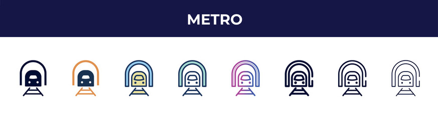metro icon in 8 styles. line, filled, glyph, thin outline, colorful, stroke and gradient styles, metro vector sign. symbol, logo illustration. different style icons set.