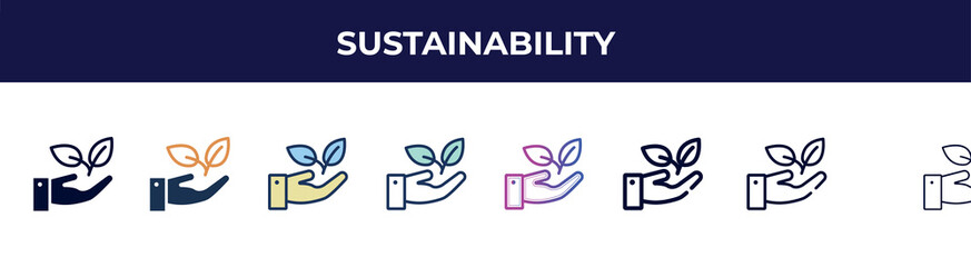 sustainability icon in 8 styles. line, filled, glyph, thin outline, colorful, stroke and gradient styles, sustainability vector sign. symbol, logo illustration. different style icons set.
