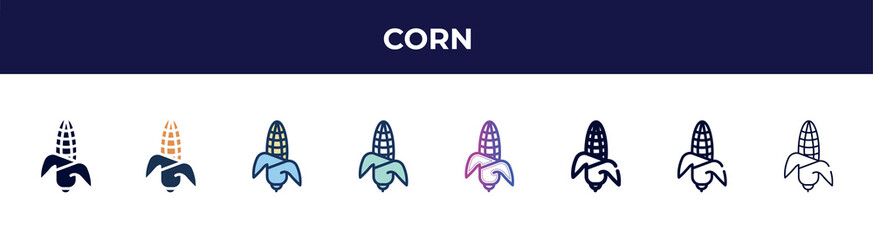 corn icon in 8 styles. line, filled, glyph, thin outline, colorful, stroke and gradient styles, corn vector sign. symbol, logo illustration. different style icons set.