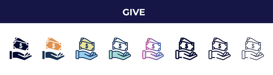 give icon in 8 styles. line, filled, glyph, thin outline, colorful, stroke and gradient styles, give vector sign. symbol, logo illustration. different style icons set.