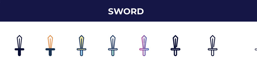 sword icon in 8 styles. line, filled, glyph, thin outline, colorful, stroke and gradient styles, sword vector sign. symbol, logo illustration. different style icons set.