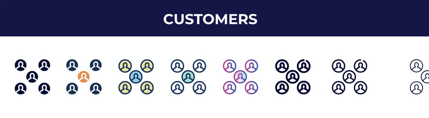 customers icon in 8 styles. line, filled, glyph, thin outline, colorful, stroke and gradient styles, customers vector sign. symbol, logo illustration. different style icons set.