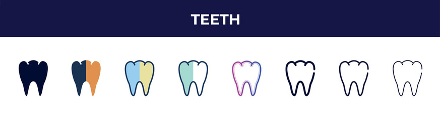 teeth icon in 8 styles. line, filled, glyph, thin outline, colorful, stroke and gradient styles, teeth vector sign. symbol, logo illustration. different style icons set.
