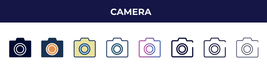 camera icon in 8 styles. line, filled, glyph, thin outline, colorful, stroke and gradient styles, camera vector sign. symbol, logo illustration. different style icons set.