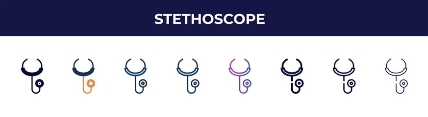 stethoscope icon in 8 styles. line, filled, glyph, thin outline, colorful, stroke and gradient styles, stethoscope vector sign. symbol, logo illustration. different style icons set.