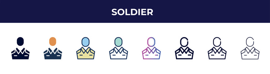 soldier icon in 8 styles. line, filled, glyph, thin outline, colorful, stroke and gradient styles, soldier vector sign. symbol, logo illustration. different style icons set.