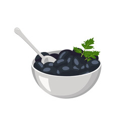 Metal bowl of black olives with spoon and parsley leaves. Greek traditional food. Vector flat illustration