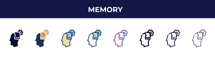 memory icon in 8 styles. line, filled, glyph, thin outline, colorful, stroke and gradient styles, memory vector sign. symbol, logo illustration. different style icons set.