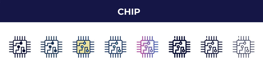 chip icon in 8 styles. line, filled, glyph, thin outline, colorful, stroke and gradient styles, chip vector sign. symbol, logo illustration. different style icons set.