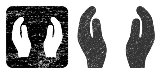 Vector care hands carved icon. Grunge care hands seal, done with icon and rounded square. Rounded square seal contain care hands hole inside. Vector care hands grunge images.