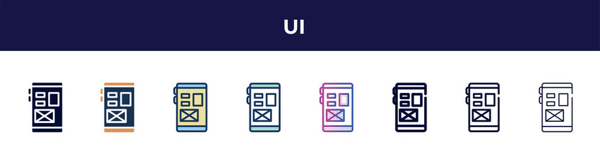 ui icon in 8 styles. line, filled, glyph, thin outline, colorful, stroke and gradient styles, ui vector sign. symbol, logo illustration. different style icons set.
