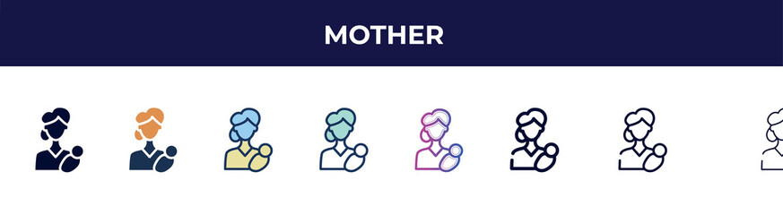 mother icon in 8 styles. line, filled, glyph, thin outline, colorful, stroke and gradient styles, mother vector sign. symbol, logo illustration. different style icons set.