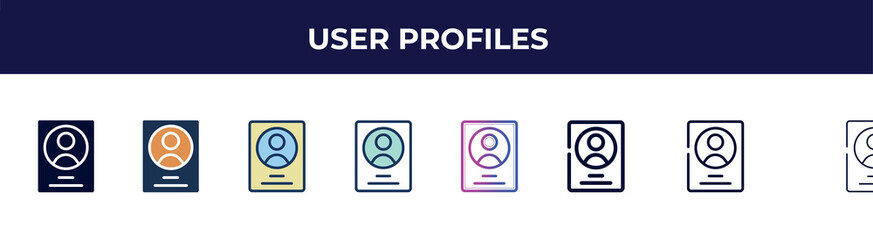 user profiles icon in 8 styles. line, filled, glyph, thin outline, colorful, stroke and gradient styles, user profiles vector sign. symbol, logo illustration. different style icons set.