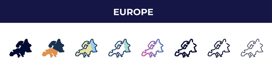 europe icon in 8 styles. line, filled, glyph, thin outline, colorful, stroke and gradient styles, europe vector sign. symbol, logo illustration. different style icons set.