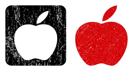 Vector apple subtracted pictogram. Grunge apple stamp, done with icon and rounded square. Rounded square stamp seal have apple subtracted shape inside. Vector apple grunge images.