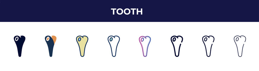 tooth icon in 8 styles. line, filled, glyph, thin outline, colorful, stroke and gradient styles, tooth vector sign. symbol, logo illustration. different style icons set.