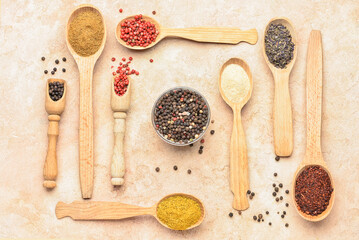 Set with aromatic spices on beige background