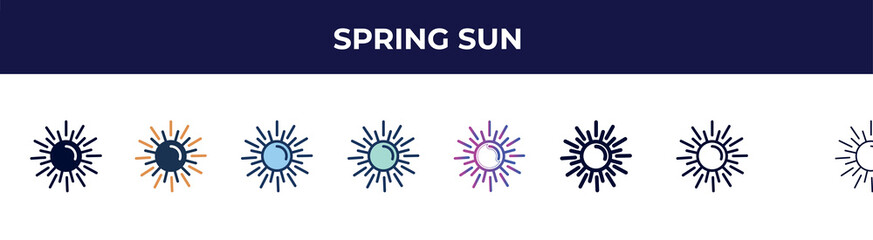 spring sun icon in 8 styles. line, filled, glyph, thin outline, colorful, stroke and gradient styles, spring sun vector sign. symbol, logo illustration. different style icons set.
