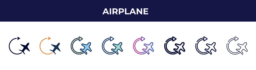 airplane icon in 8 styles. line, filled, glyph, thin outline, colorful, stroke and gradient styles, airplane vector sign. symbol, logo illustration. different style icons set.
