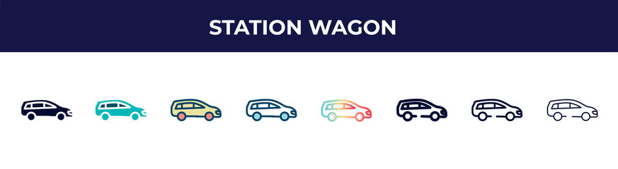 Obraz premium station wagon icon in 8 styles. line, filled, glyph, thin outline, colorful, stroke and gradient styles, station wagon vector sign. symbol, logo illustration. different style icons set.