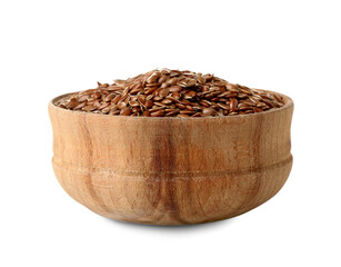 Wooden bowl of flax seeds on white background