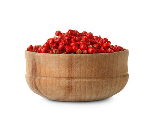 Wooden bowl of red peppercorns on white background